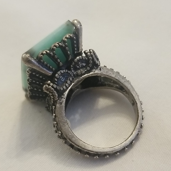 SILVER Art Deco Emerald Moonstone Ring 7.5 - Picture 7 of 10